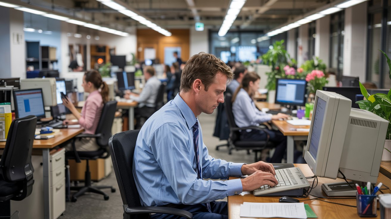 Un homme fatigué écrivant sur son ordinateur dans un bureau ouvert et bruyant. L'homme a l'air las, la tête légèrement penchée vers le bas, les yeux mi-clos et la posture affaissée. Le bureau grouille d'activité : collègues qui téléphonent et tapent, le bourdonnement constant des néons et la légère odeur de café qui flotte dans l'air. En arrière-plan, des rangées de bureaux et de box, avec quelques aperçus de plantes vertes et de fleurs en pot qui égayent cet environnement stérile.