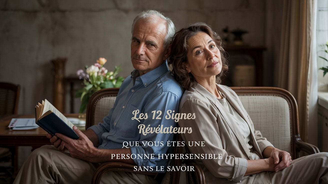 Portrait photographique, à la lumière tamisée, d'un couple de personnes âgées assis côte à côte sur un banc en bois vintage, dans une pièce calme et tamisée. L'homme, l'air pensif, tient un livre dans les mains, tandis que la femme, arborant un sourire tendre, pose la tête sur son épaule. L'arrière-plan, aux tons chauds et feutrés, est agrémenté d'ombres douces et de quelques fleurs délicates posées sur une table voisine, créant une atmosphère sereine et intime qui reflète la profondeur de leur lien et l'intensité discrète de leur nature hypersensible. « Les 12 signes révélateurs que vous êtes une personne hypersensible sans le savoir » apparaît en lettres élégantes au bas de l'image.
